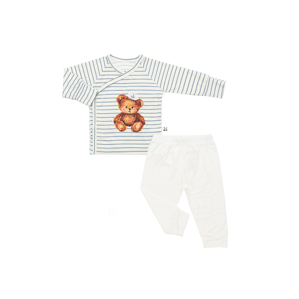 Long Sleeves Kimono Pajama Set, White Bear