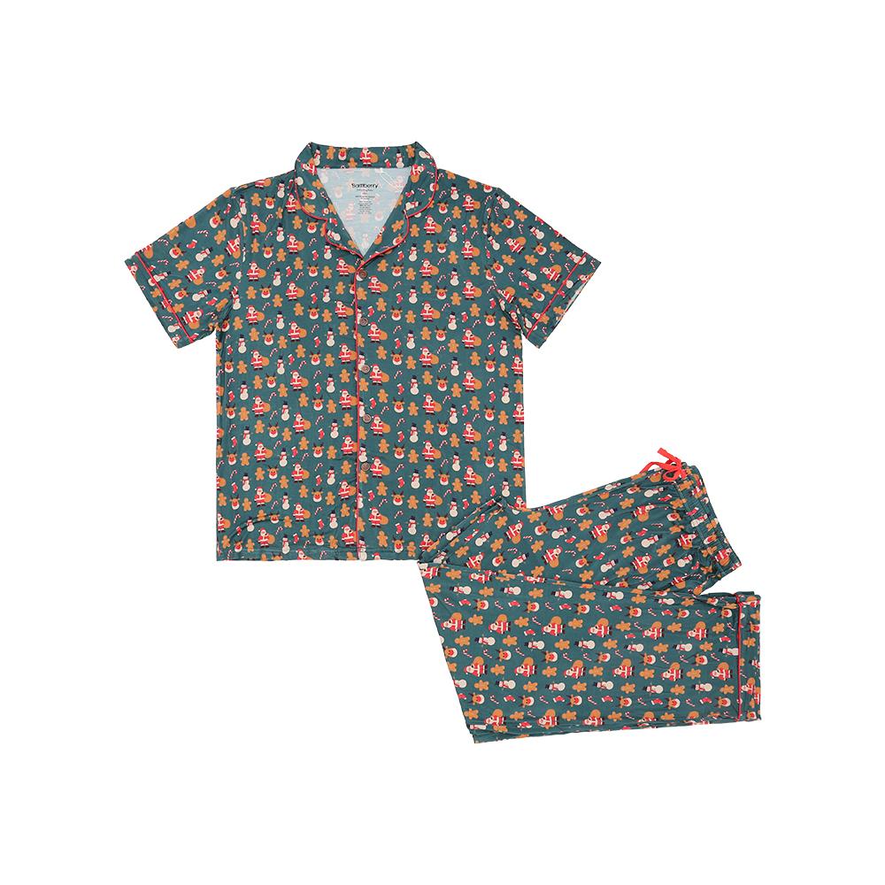 Adult Short Sleeves Button Down PJ Set, Holiday