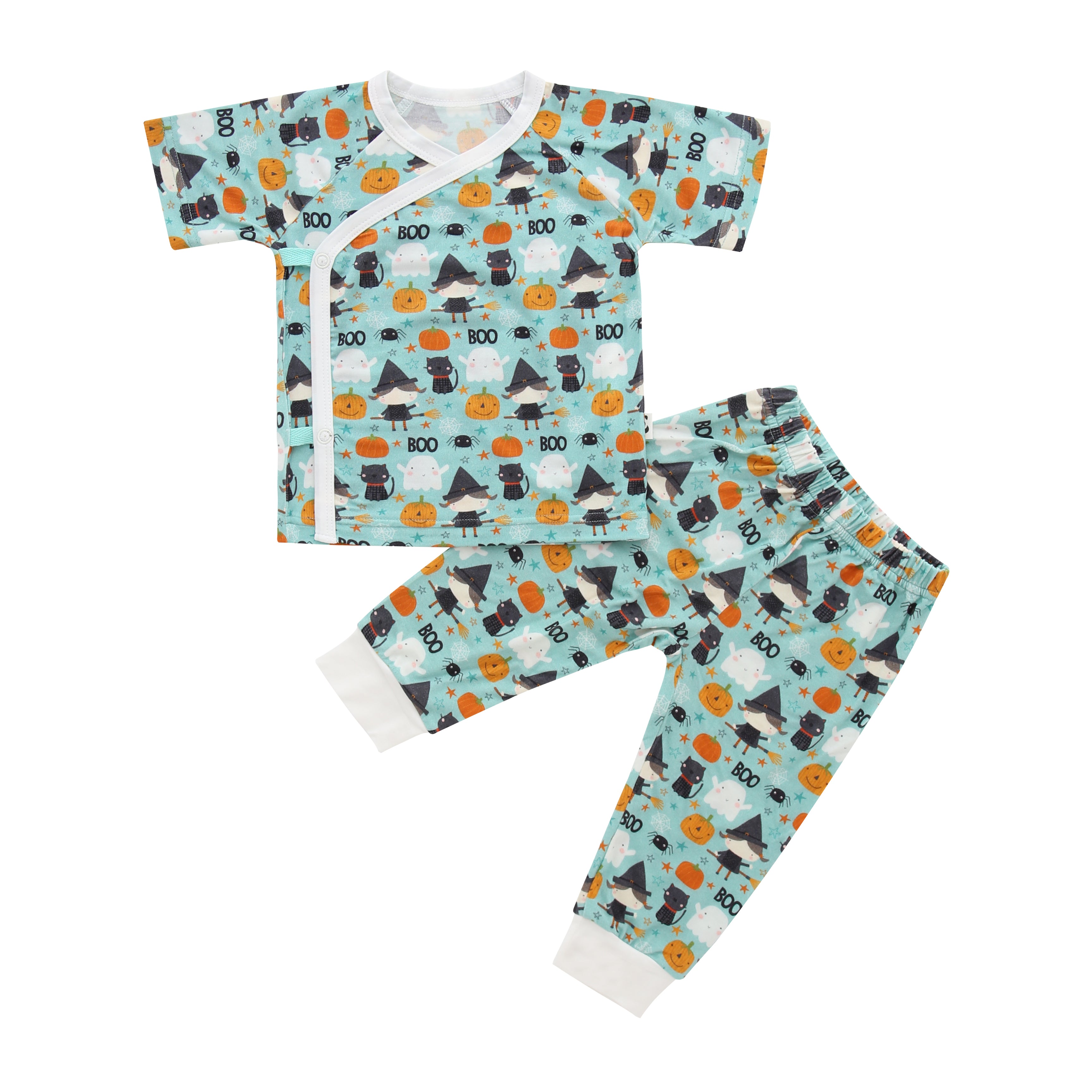 Short Sleeves Kimono Pajama Set, Halloween Aqua