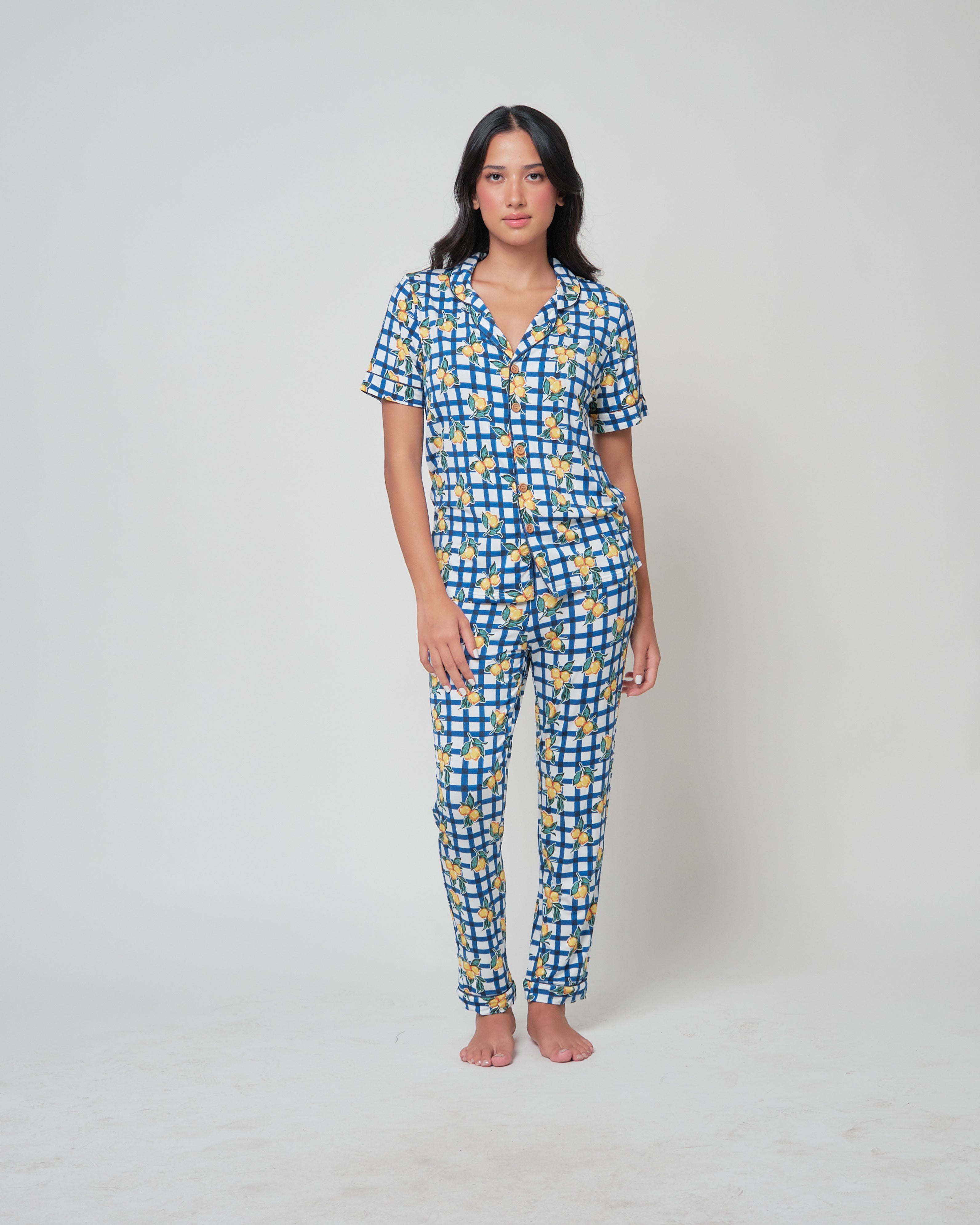 Unisex Short Sleeves Button Down PJ Set, Limone