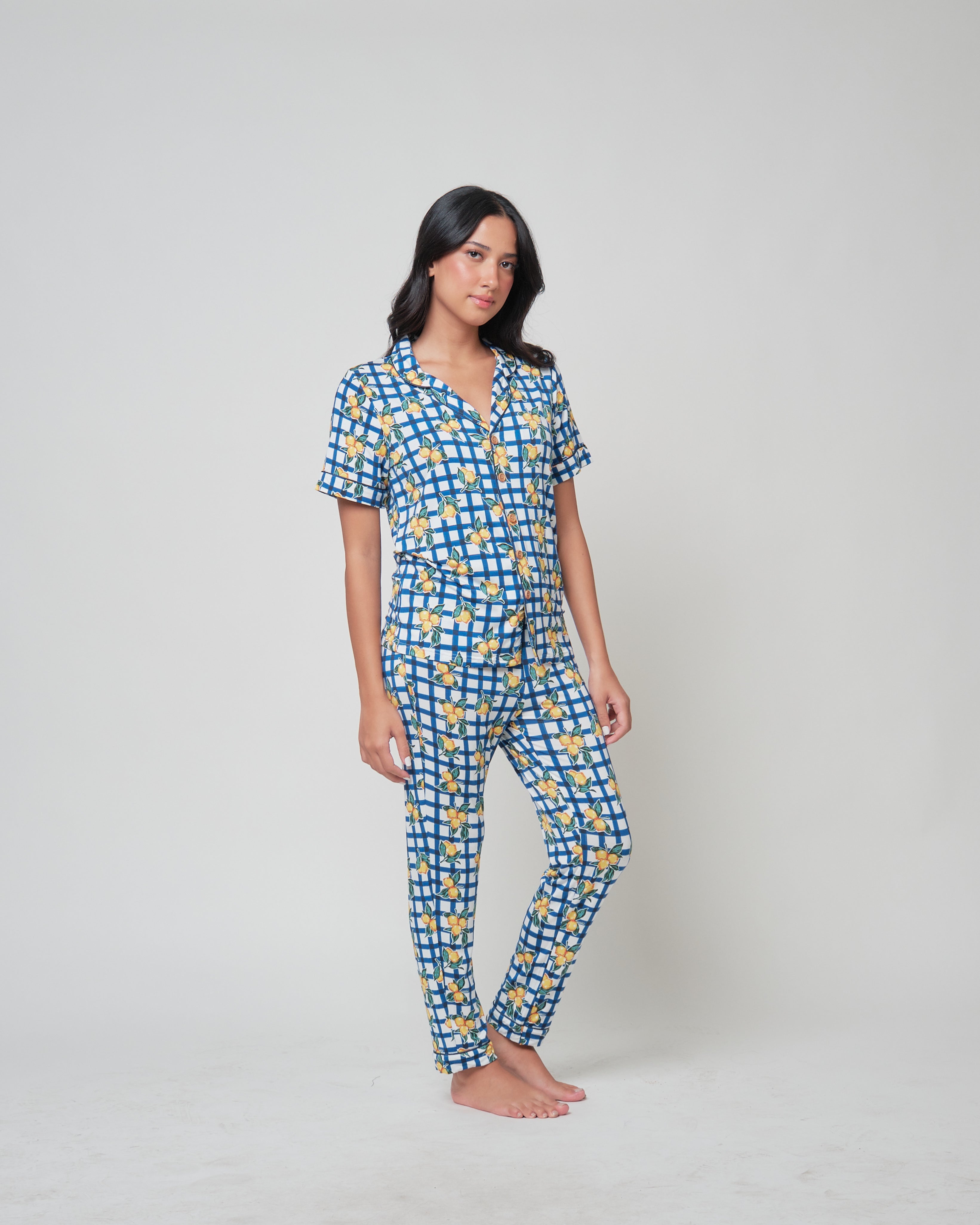 Unisex Short Sleeves Button Down PJ Set, Limone