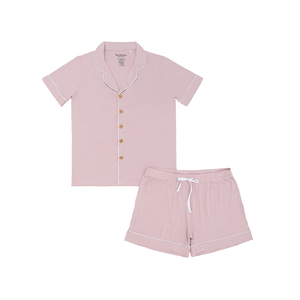 Short Sleeves Button Down Shorts PJ Set, Bleached Mauve