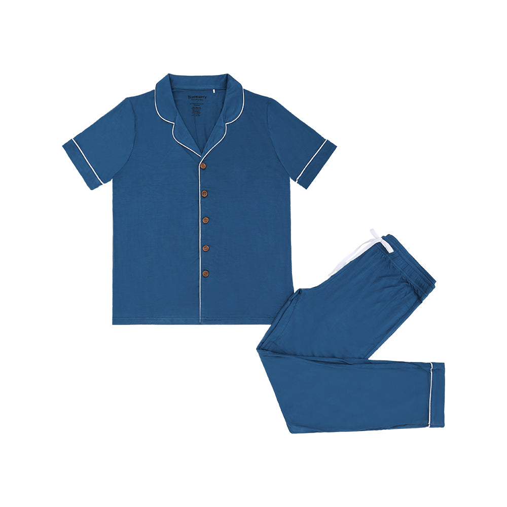 Short Sleeves Button Down PJ Set, Deep Lagoon