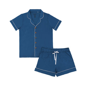Short Sleeves Button Down Shorts PJ Set, Deep Lagoon