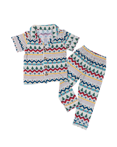 Short Sleeves Button Down PJ Set, Christmas Sweater Stripes