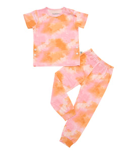 Short Sleeves Pajama Set, Pink Crumple Tie-Dye